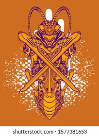 Mechanical grasshopper. Mech controlled by a pilot. Scratched metal armor robot. Mech Battle.