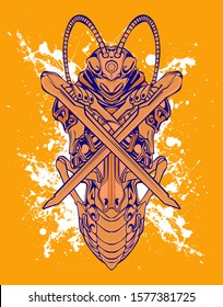 Mechanical grasshopper. Mech controlled by a pilot. Scratched metal armor robot. Mech Battle.