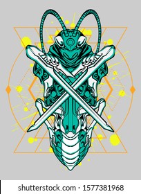 Mechanical grasshopper. Mech controlled by a pilot. Scratched metal armor robot. Mech Battle.