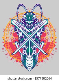 Mechanical grasshopper. Mech controlled by a pilot. Scratched metal armor robot. Mech Battle.