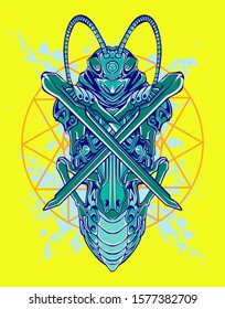 Mechanical grasshopper. Mech controlled by a pilot. Scratched metal armor robot. Mech Battle.