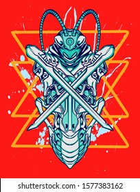 Mechanical grasshopper. Mech controlled by a pilot. Scratched metal armor robot. Mech Battle.