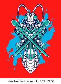 Mechanical grasshopper. Mech controlled by a pilot. Scratched metal armor robot. Mech Battle.