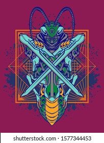 Mechanical grasshopper. Military futuristic robot. Mech controlled by a pilot. Scratched metal armor robot. Mech Battle.