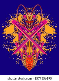 Mechanical grasshopper. Military futuristic robot. Mech controlled by a pilot. Scratched metal armor robot. Mech Battle.
