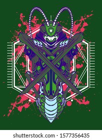 Mechanical grasshopper. Military futuristic robot. Mech controlled by a pilot. Scratched metal armor robot. Mech Battle.