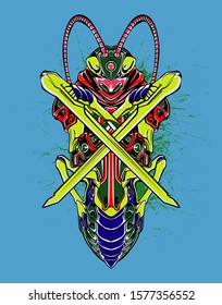 Mechanical grasshopper. Military futuristic robot. Mech controlled by a pilot. Scratched metal armor robot. Mech Battle.