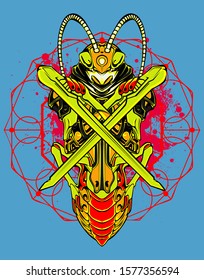 Mechanical grasshopper. Military futuristic robot. Mech controlled by a pilot. Scratched metal armor robot. Mech Battle.