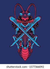 Mechanical grasshopper. Military futuristic robot. Mech controlled by a pilot. Scratched metal armor robot. Mech Battle.