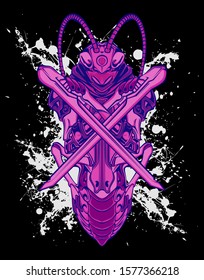 Mechanical grasshopper. Military futuristic robot. Mech controlled by a pilot. Scratched metal armor robot. Mech Battle.