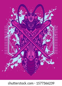 Mechanical grasshopper. Military futuristic robot. Mech controlled by a pilot. Scratched metal armor robot. Mech Battle.