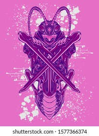 Mechanical grasshopper. Military futuristic robot. Mech controlled by a pilot. Scratched metal armor robot. Mech Battle.