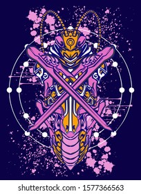 Mechanical grasshopper. Military futuristic robot. Mech controlled by a pilot. Scratched metal armor robot. Mech Battle.