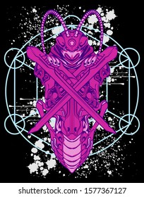 Mechanical grasshopper. Military futuristic robot. Mech controlled by a pilot. Scratched metal armor robot. Mech Battle.