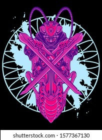 Mechanical grasshopper. Military futuristic robot. Mech controlled by a pilot. Scratched metal armor robot. Mech Battle.