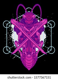 Mechanical grasshopper. Military futuristic robot. Mech controlled by a pilot. Scratched metal armor robot. Mech Battle.