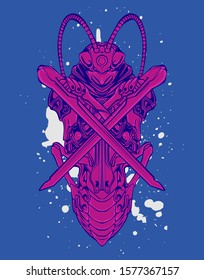 Mechanical grasshopper. Military futuristic robot. Mech controlled by a pilot. Scratched metal armor robot. Mech Battle.