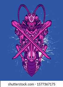 Mechanical grasshopper. Military futuristic robot. Mech controlled by a pilot. Scratched metal armor robot. Mech Battle.