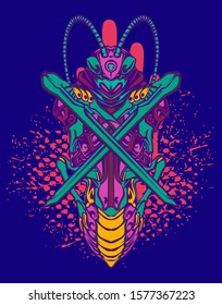 Mechanical grasshopper. Military futuristic robot. Mech controlled by a pilot. Scratched metal armor robot. Mech Battle.