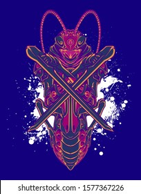 Mechanical grasshopper. Military futuristic robot. Mech controlled by a pilot. Scratched metal armor robot. Mech Battle.