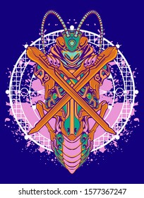 Mechanical grasshopper. Military futuristic robot. Mech controlled by a pilot. Scratched metal armor robot. Mech Battle.