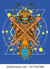 Mechanical grasshopper. Military futuristic robot. Mech controlled by a pilot. Scratched metal armor robot. Mech Battle.
