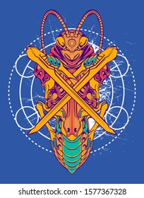 Mechanical grasshopper. Military futuristic robot. Mech controlled by a pilot. Scratched metal armor robot. Mech Battle.