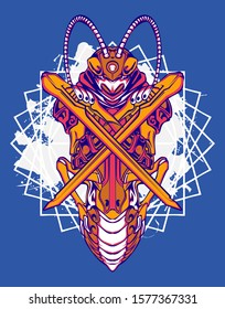 Mechanical grasshopper. Military futuristic robot. Mech controlled by a pilot. Scratched metal armor robot. Mech Battle.