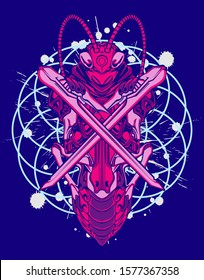 Mechanical grasshopper. Military futuristic robot. Mech controlled by a pilot. Scratched metal armor robot. Mech Battle.