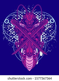 Mechanical grasshopper. Military futuristic robot. Mech controlled by a pilot. Scratched metal armor robot. Mech Battle.