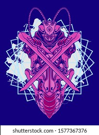 Mechanical grasshopper. Military futuristic robot. Mech controlled by a pilot. Scratched metal armor robot. Mech Battle.
