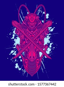 Mechanical grasshopper. Military futuristic robot. Mech controlled by a pilot. Scratched metal armor robot. Mech Battle.
