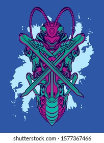 Mechanical grasshopper. Military futuristic robot. Mech controlled by a pilot. Scratched metal armor robot. Mech Battle.