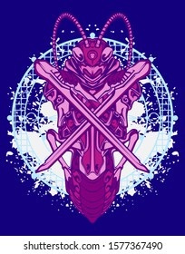 Mechanical grasshopper. Military futuristic robot. Mech controlled by a pilot. Scratched metal armor robot. Mech Battle.