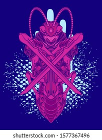 Mechanical grasshopper. Military futuristic robot. Mech controlled by a pilot. Scratched metal armor robot. Mech Battle.