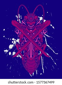 Mechanical grasshopper. Military futuristic robot. Mech controlled by a pilot. Scratched metal armor robot. Mech Battle.