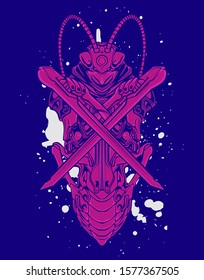 Mechanical grasshopper. Military futuristic robot. Mech controlled by a pilot. Scratched metal armor robot. Mech Battle.