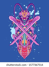 Mechanical grasshopper. Military futuristic robot. Mech controlled by a pilot. Scratched metal armor robot. Mech Battle.