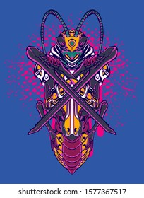 Mechanical grasshopper. Military futuristic robot. Mech controlled by a pilot. Scratched metal armor robot. Mech Battle.