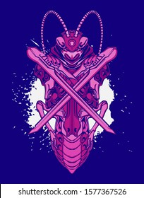 Mechanical grasshopper. Military futuristic robot. Mech controlled by a pilot. Scratched metal armor robot. Mech Battle.