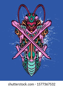 Mechanical grasshopper. Military futuristic robot. Mech controlled by a pilot. Scratched metal armor robot. Mech Battle.