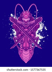 Mechanical grasshopper. Military futuristic robot. Mech controlled by a pilot. Scratched metal armor robot. Mech Battle.