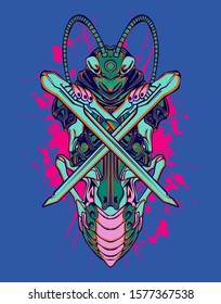 Mechanical grasshopper. Military futuristic robot. Mech controlled by a pilot. Scratched metal armor robot. Mech Battle.