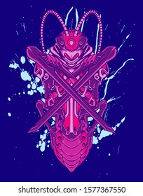 Mechanical grasshopper. Military futuristic robot. Mech controlled by a pilot. Scratched metal armor robot. Mech Battle.