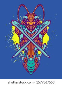 Mechanical grasshopper. Military futuristic robot. Mech controlled by a pilot. Scratched metal armor robot. Mech Battle.