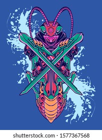 Mechanical grasshopper. Military futuristic robot. Mech controlled by a pilot. Scratched metal armor robot. Mech Battle.