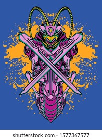 Mechanical grasshopper. Military futuristic robot. Mech controlled by a pilot. Scratched metal armor robot. Mech Battle.