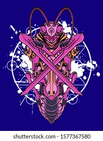 Mechanical grasshopper. Military futuristic robot. Mech controlled by a pilot. Scratched metal armor robot. Mech Battle.