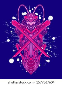 Mechanical grasshopper. Military futuristic robot. Mech controlled by a pilot. Scratched metal armor robot. Mech Battle.