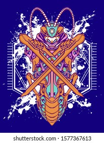 Mechanical grasshopper. Military futuristic robot. Mech controlled by a pilot. Scratched metal armor robot. Mech Battle.
